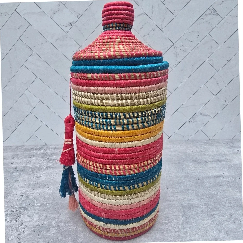 Handcrafted Rwanda Woven Basket Vase with Lid Tassel and Glass Insert Multicolor